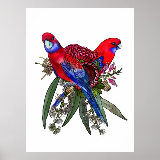 Australische Crimson Rosella en Wildflower Boeket Poster (Voorkant)