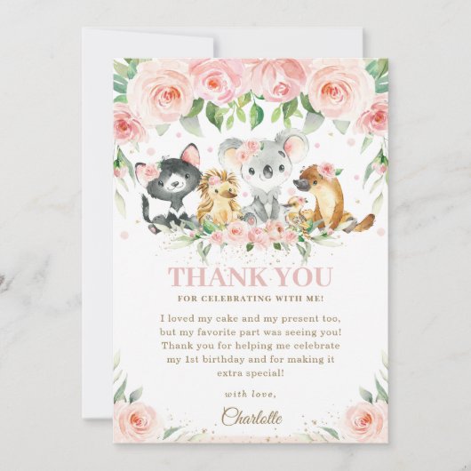 Australische dieren Blush Pink Floral Birthday Bab Bedankkaart (Voorkant)