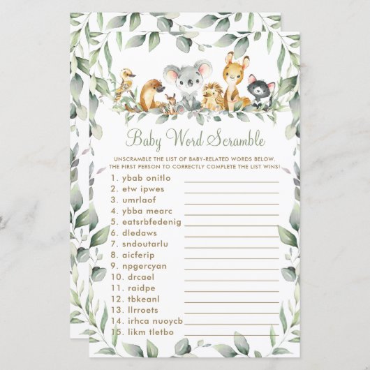 Australische dieren Greenery Baby Word Scramble (Voorkant / Achterkant)