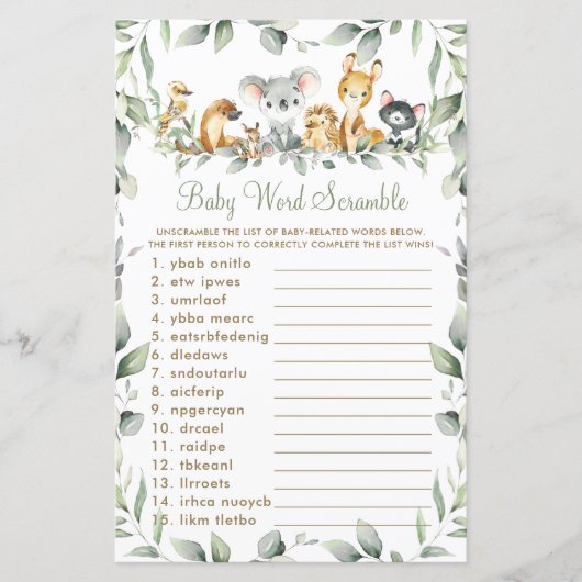 Australische dieren Greenery Baby Word Scramble (Voorkant)