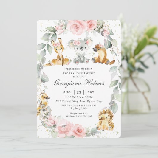 Australische Dieren Roze Bloemen Salie Baby shower Kaart (Staand voorkant)