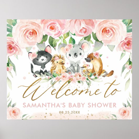 Australische dieren Roze Floral Baby shower Welkom Poster (Voorkant)