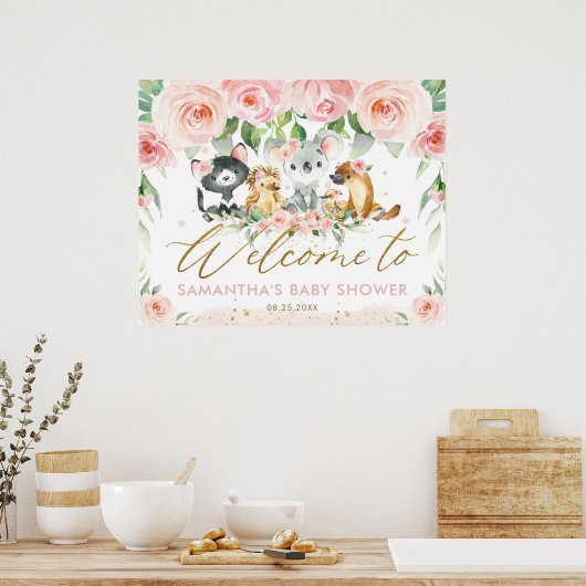 Australische dieren Roze Floral Baby shower Welkom Poster (Keuken)