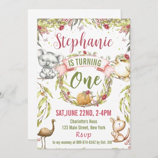 Australische dieren Uitnodiging voor verjaardagsfe (Voorkant / Achterkant)