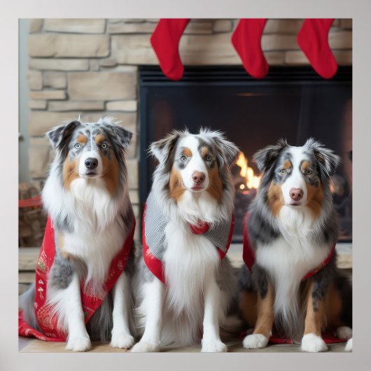 Australische Herder bij de Haard Kerstmis Poster (Voorkant)