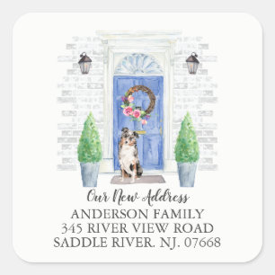 Australische herder blauwe deur nieuw adreslabel vierkante sticker