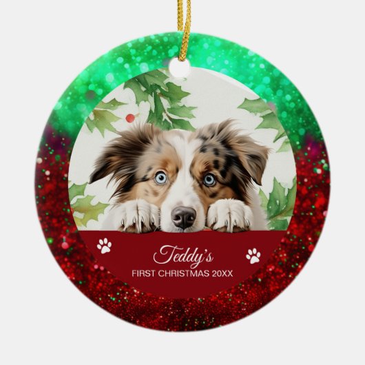 Australische herder gepersonaliseerde kerst keramisch ornament (Voorkant)