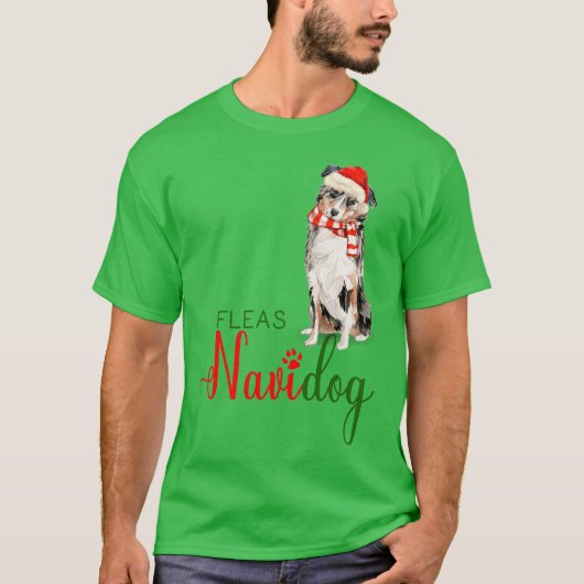Australische Herder Grappige Kerstmis Vlooien Navi T-shirt (Voorkant)