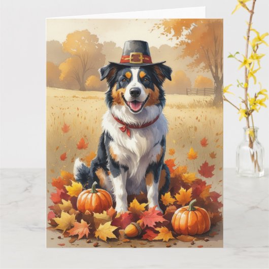 Australische Herder Herfstbladeren Thanksgiving Ku Kaart (Gele Bloem)