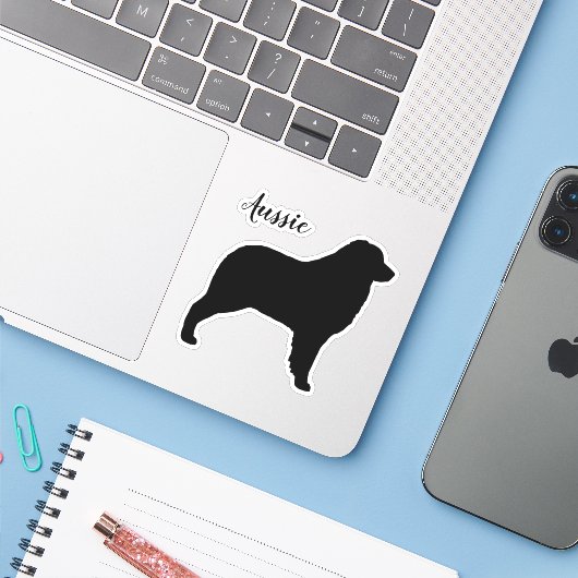 Australische Herder Hond Aussie Silhouet Vinyl Sticker (Laptop met iPhone)