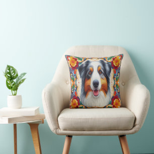 Australische Herder Hond Bloemen Kleurrijke Rand Kussen