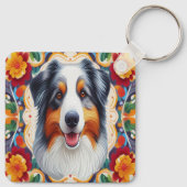 Australische Herder Hond Bloemen Kleurrijke Rand Sleutelhanger (Achterkant)