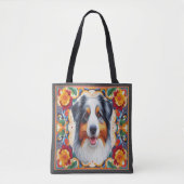 Australische Herder Hond Bloemen Kleurrijke Rand Tote Bag (Voorkant)