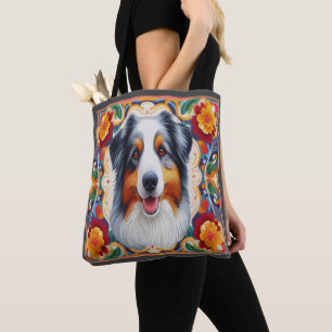 Australische Herder Hond Bloemen Kleurrijke Rand Tote Bag