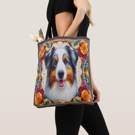 Australische Herder Hond Bloemen Kleurrijke Rand Tote Bag (Dichtbij)