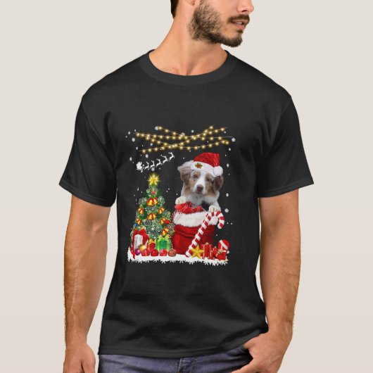 Australische Herder Hond Kerstboom Lichten Hond T-shirt (Voorkant)