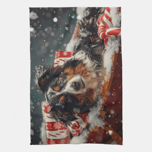 Australische Herder Hond Kerstfeest Theedoek (Verticaal)