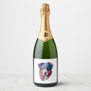 Australische herder hond kleurrijk sparkling wijnetiket