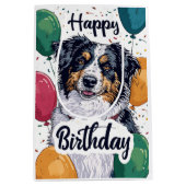 Australische Herder Hond met Ballonnen Verjaardag Medium Cadeauzakje (Voorkant)
