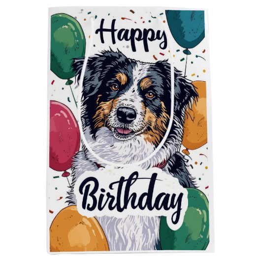 Australische Herder Hond met Ballonnen Verjaardag Medium Cadeauzakje (Voorkant)