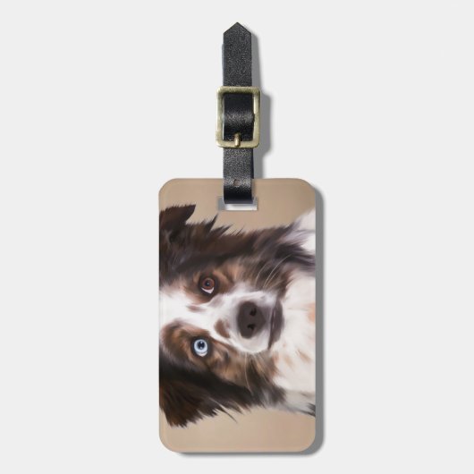 Australische herder hond olie schilderij kunst bagagelabel (Voorkant verticaal)