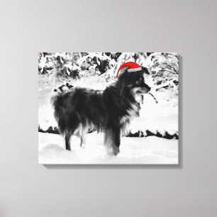 Australische Herder Hond Rode Santa Hoed Olieverfs Canvas Afdruk