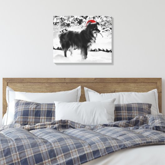Australische Herder Hond Rode Santa Hoed Olieverfs Canvas Afdruk (Insitu (Slaapkamer))
