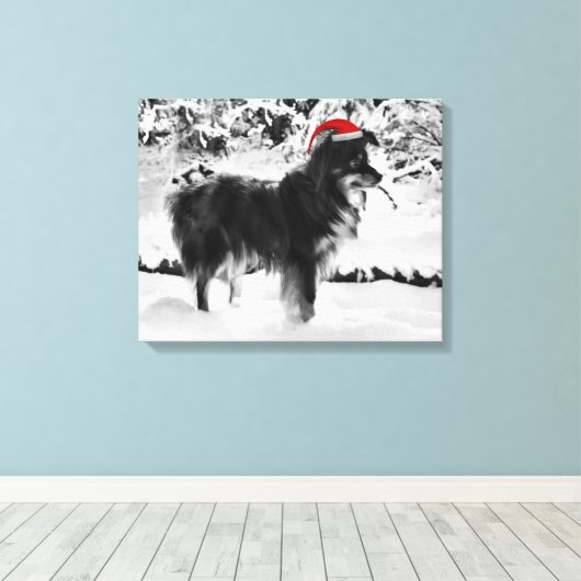 Australische Herder Hond Rode Santa Hoed Olieverfs Canvas Afdruk (Insitu (Houten vloer))