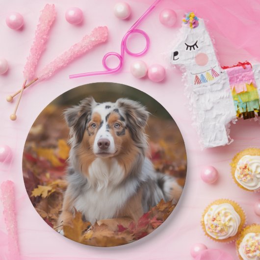 Australische herder in herfst laat Herfst inspirer Papieren Bordje (Feest)