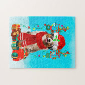 Australische herder in sneeuw met kerstcadeaus legpuzzel (Horizontaal)