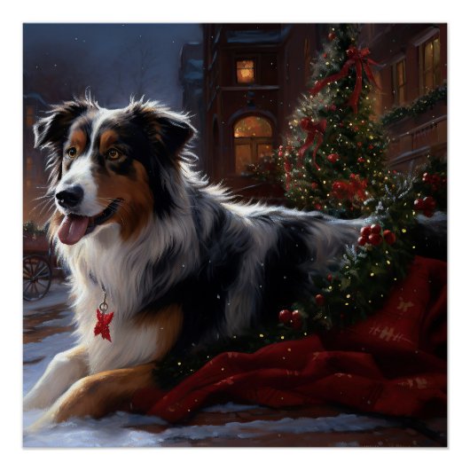 Australische Herder Kerst Feestelijke Periode Perfect Poster (Voorkant)