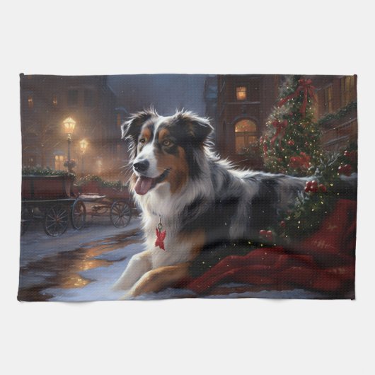 Australische Herder Kerst Feestelijke Periode Theedoek (Horizontaal)