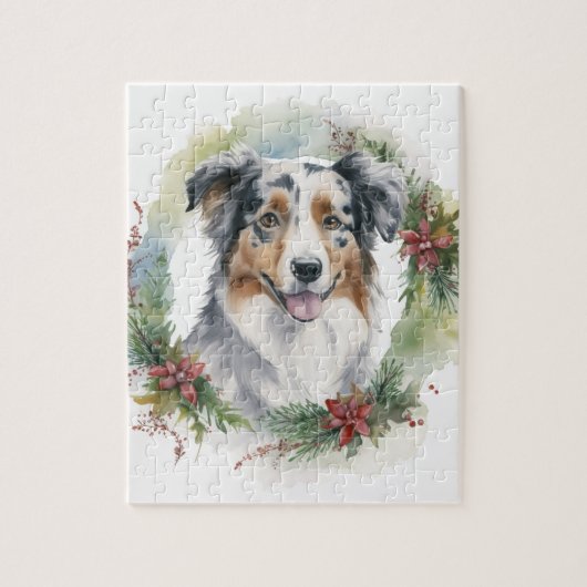 Australische Herder Kerst Krans Festieve Pup Legpuzzel (Verticaal)