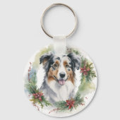 Australische Herder Kerst Krans Festieve Pup Sleutelhanger (Voorkant)