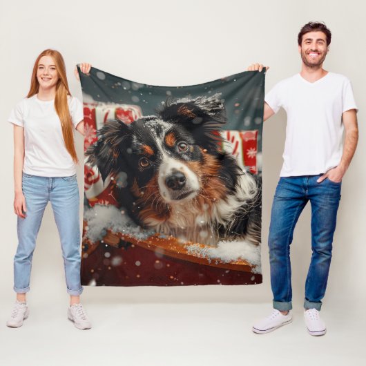Australische Herder Kerstfeest Fleece Deken (In situ)