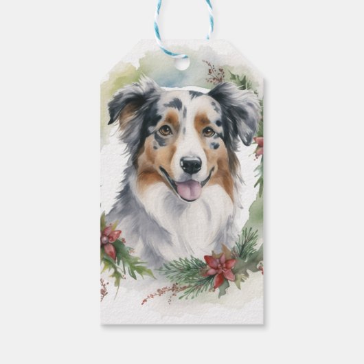 Australische Herder Kerstkrans Feestelijke Pup Cadeaulabel (Achterkant)