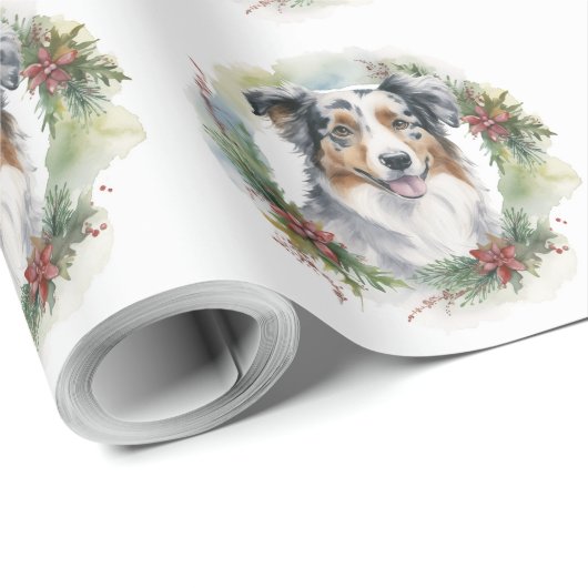 Australische Herder Kerstkrans Feestelijke Pup Cadeaupapier (Rol Hoek)