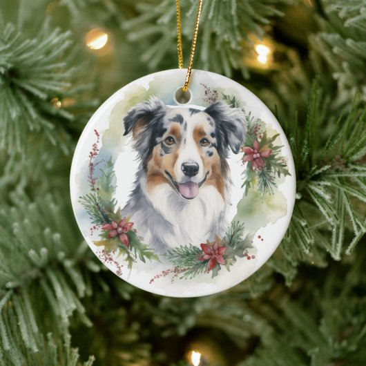 Australische Herder Kerstkrans Feestelijke Pup Keramisch Ornament (Boom)