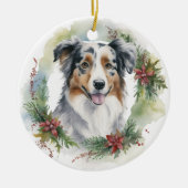 Australische Herder Kerstkrans Feestelijke Pup Keramisch Ornament (Voorkant)