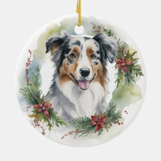 Australische Herder Kerstkrans Feestelijke Pup Keramisch Ornament (Achterkant)