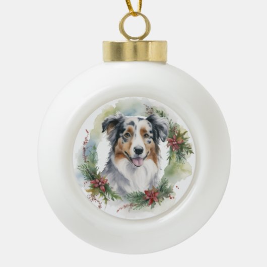 Australische Herder Kerstkrans Feestelijke Pup Keramische Bal Ornament (Voorkant)