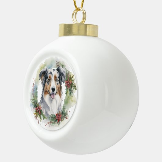 Australische Herder Kerstkrans Feestelijke Pup Keramische Bal Ornament (Rechts)