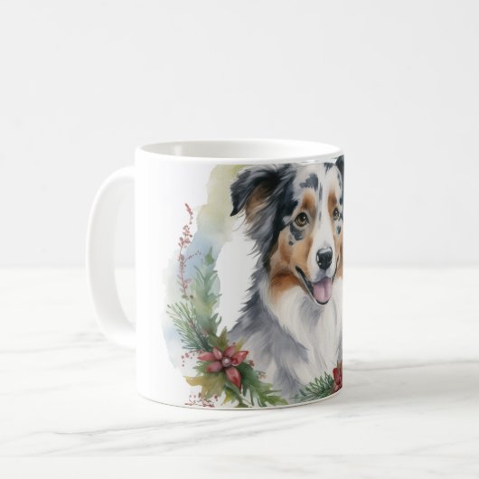Australische Herder Kerstkrans Feestelijke Pup Koffiemok (Voorkant links)