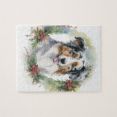 Australische Herder Kerstkrans Feestelijke Pup Legpuzzel (Horizontaal)