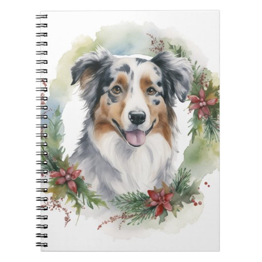 Australische Herder Kerstkrans Feestelijke Pup Notitieboek (Voorkant)