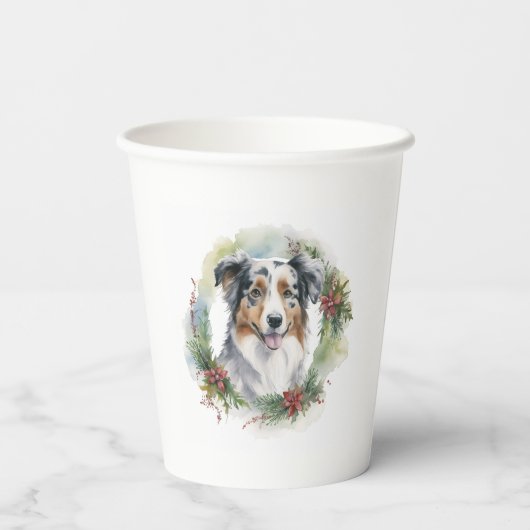 Australische Herder Kerstkrans Feestelijke Pup Papieren Bekers (Achterkant)