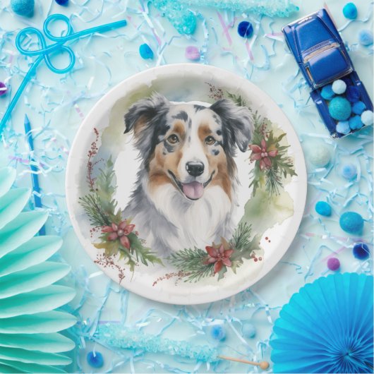 Australische Herder Kerstkrans Feestelijke Pup Papieren Bordje (Feest)