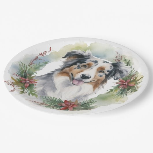 Australische Herder Kerstkrans Feestelijke Pup Papieren Bordje (Gekanteld)