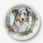 Australische Herder Kerstkrans Feestelijke Pup Papieren Bordje (Voorkant)