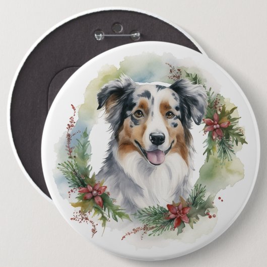 Australische Herder Kerstkrans Feestelijke Pup Ronde Button 6,0 Cm (Voorkant /achterkant)